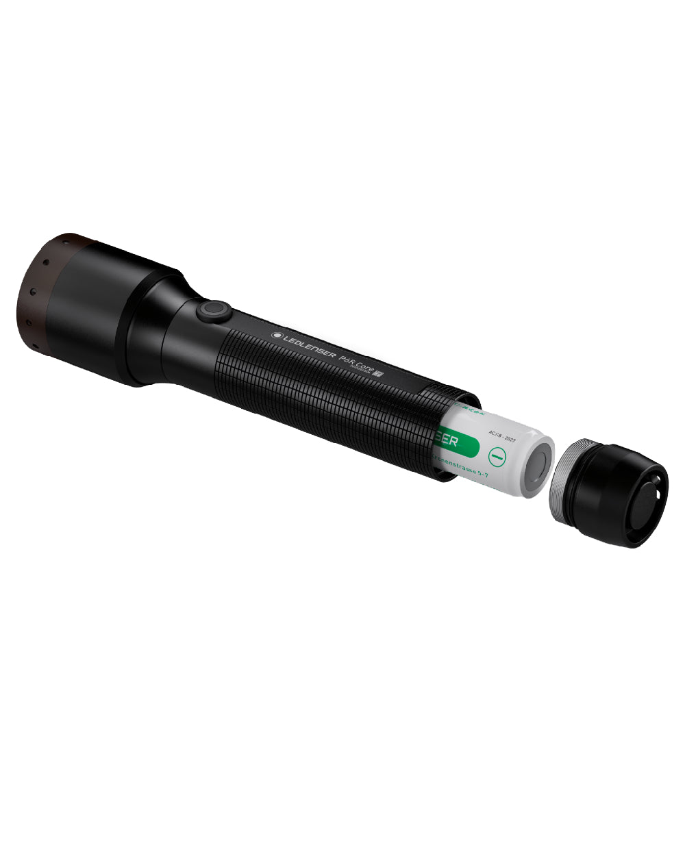 Black coloured Led Lenser P6R Core Rechargeable Torch on white background 
