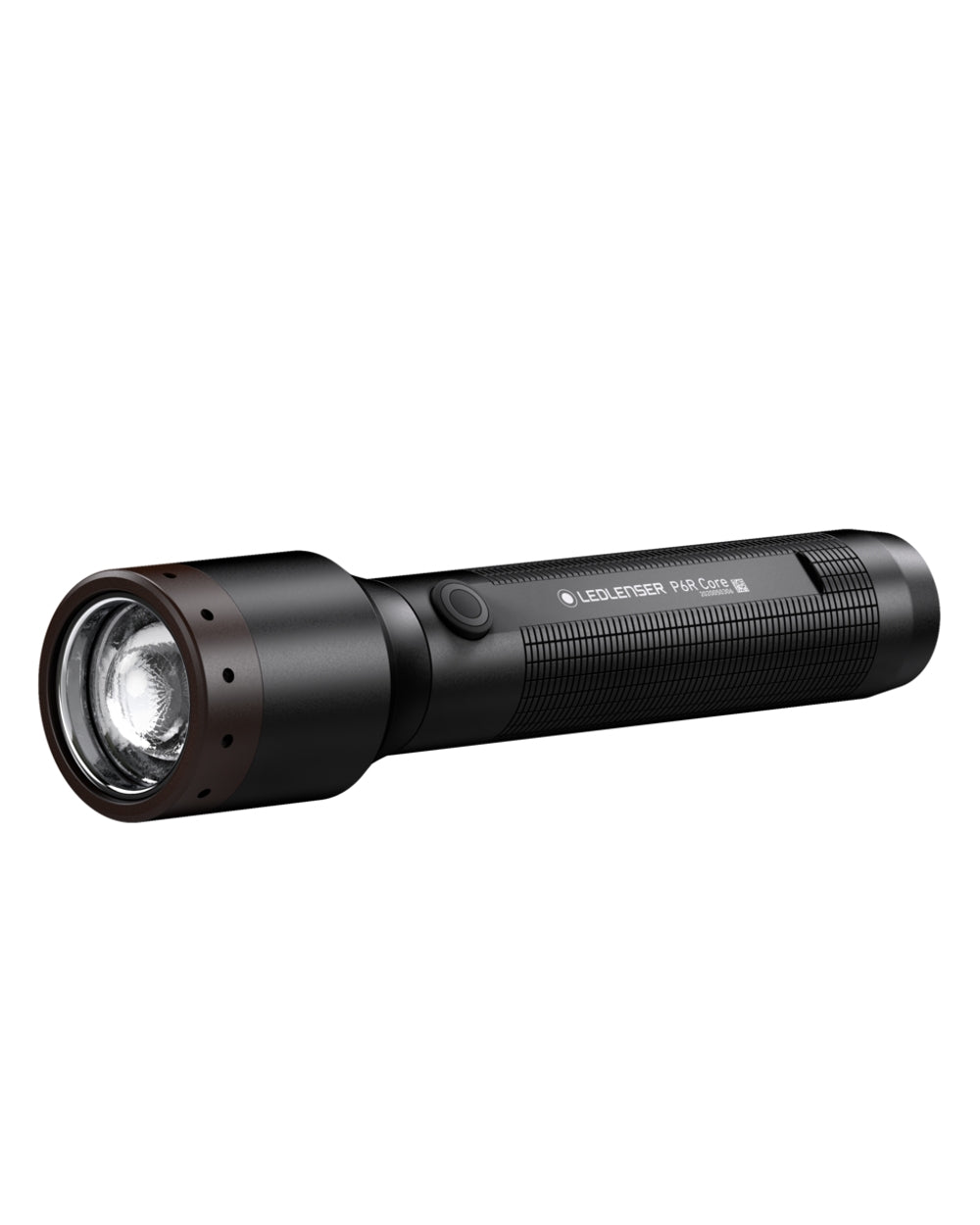 Black coloured Led Lenser P6R Core Rechargeable Torch on white background