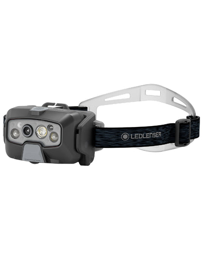 Black coloured Led Lenser HF8R Core Rechargeable Head Torch on white background