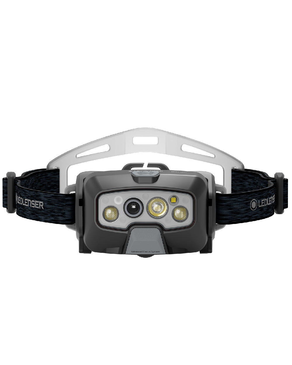 Black coloured Led Lenser HF8R Core Rechargeable Head Torch on white background