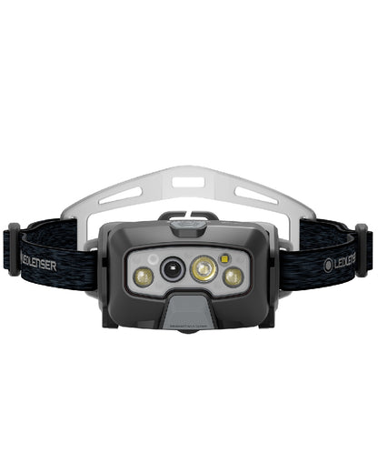 Black coloured Led Lenser HF8R Core Rechargeable Head Torch on white background