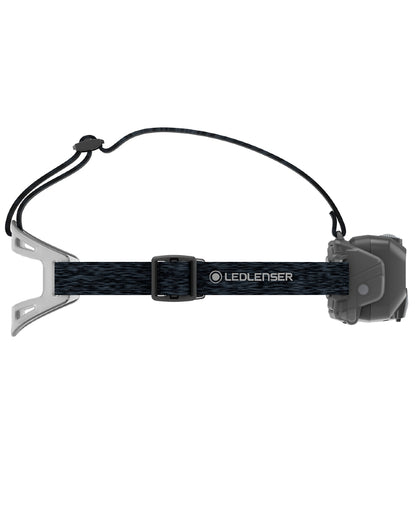 Black coloured Led Lenser HF8R Core Rechargeable Head Torch on white background