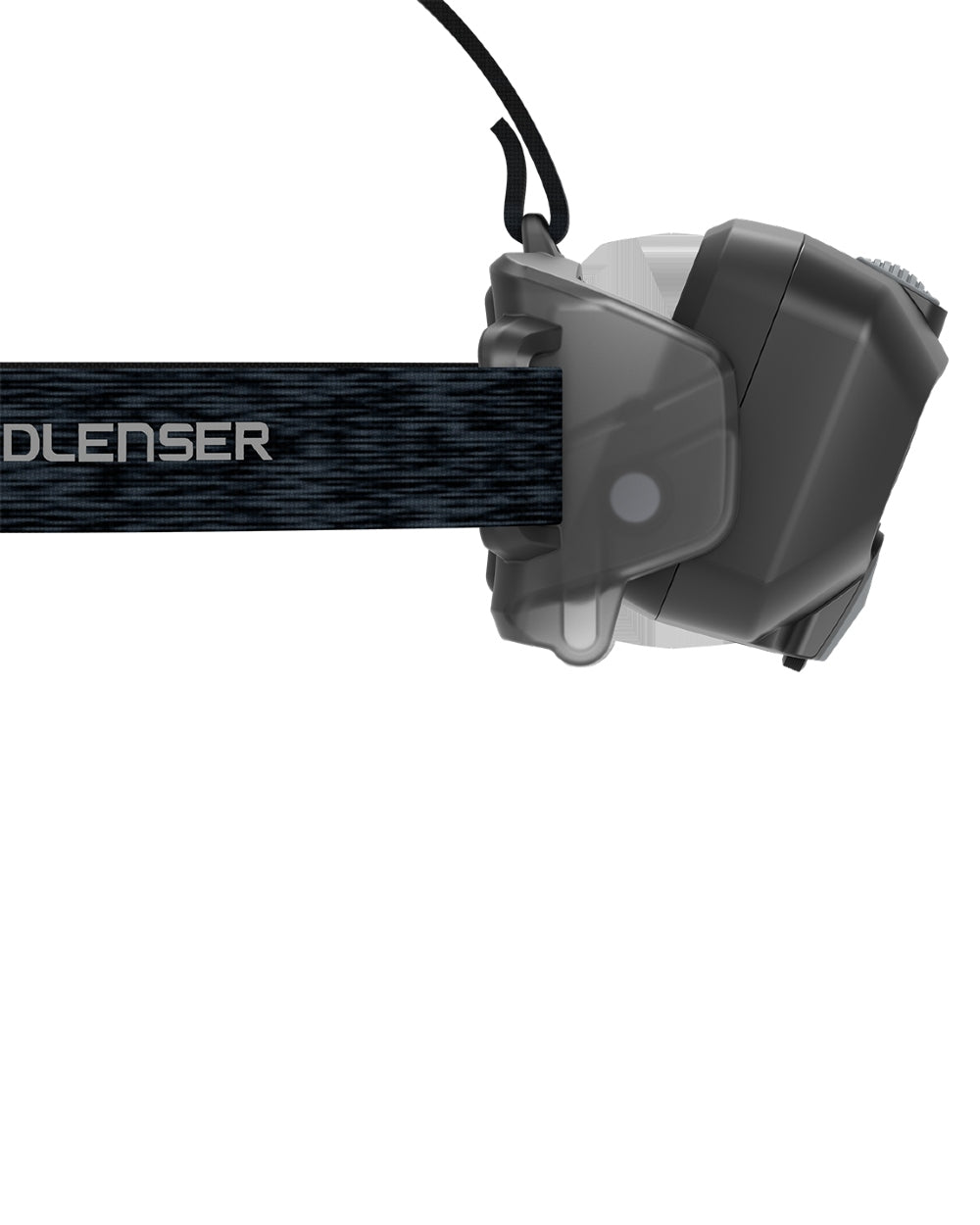 Black coloured Led Lenser HF8R Core Rechargeable Head Torch on white background