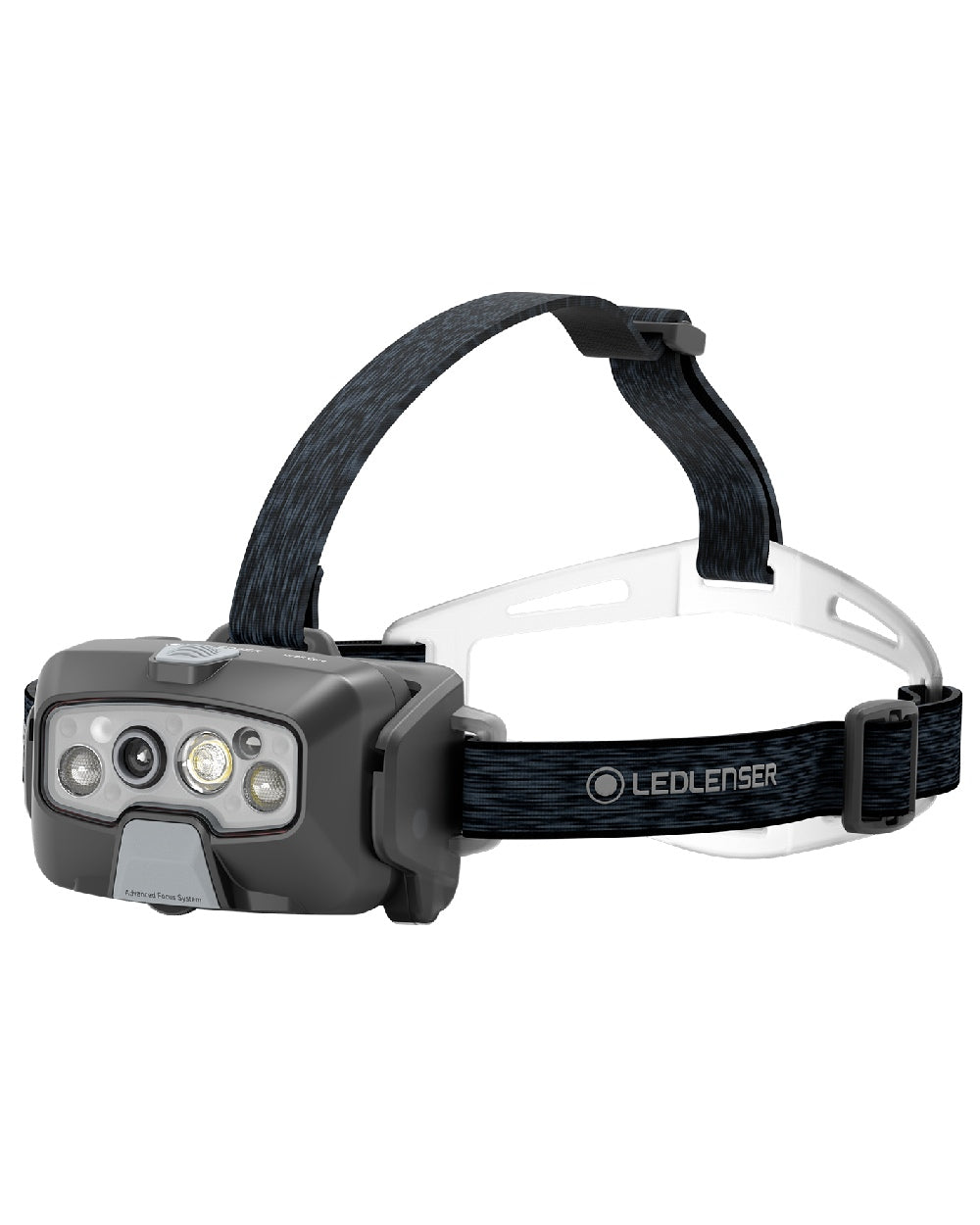 Black coloured Led Lenser HF8R Core Rechargeable Head Torch on white background