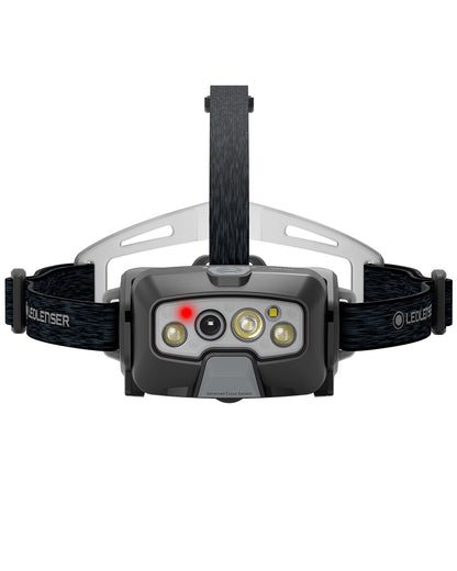 Black coloured Led Lenser HF8R Core Rechargeable Head Torch on white background