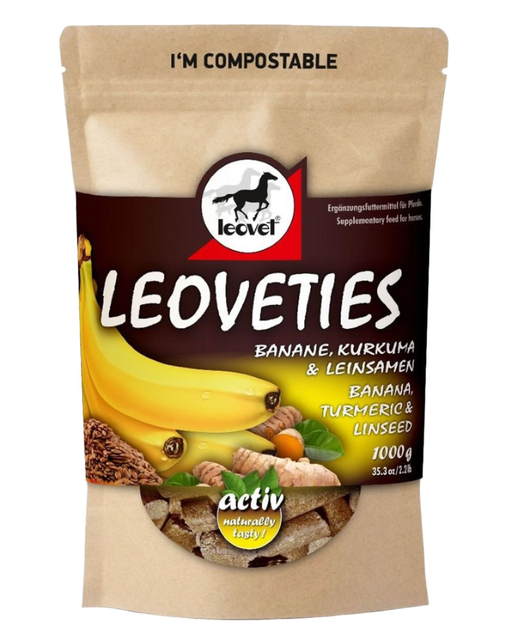 Leovet Leoveties Horse Treats Banana Turmeric &amp; Linseed on white background 