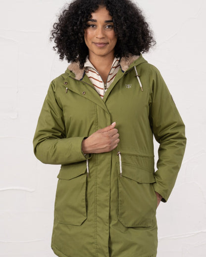 Sea Kelp coloured Lighthouse Isobel Ladies Coat on wall background 