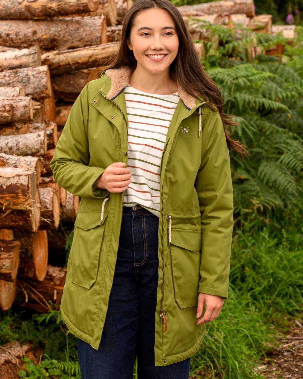 Sea Kelp coloured Lighthouse Isobel Ladies Coat on wood background 