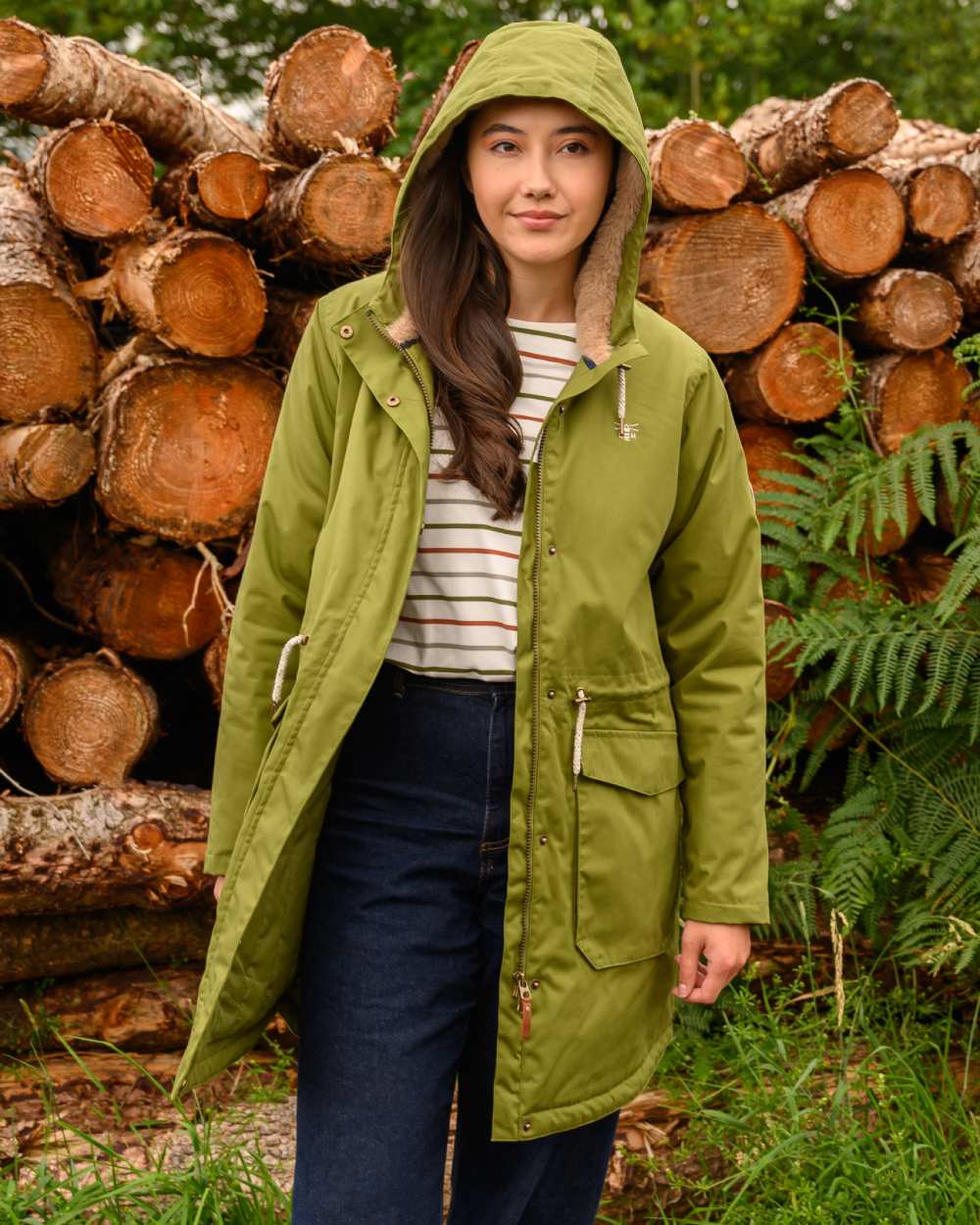 Sea Kelp coloured Lighthouse Isobel Ladies Coat on wood background 