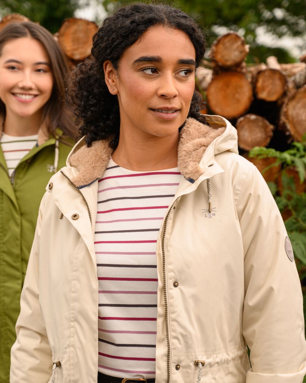 Irish Cream coloured Lighthouse Isobel Ladies Coat on wood background 