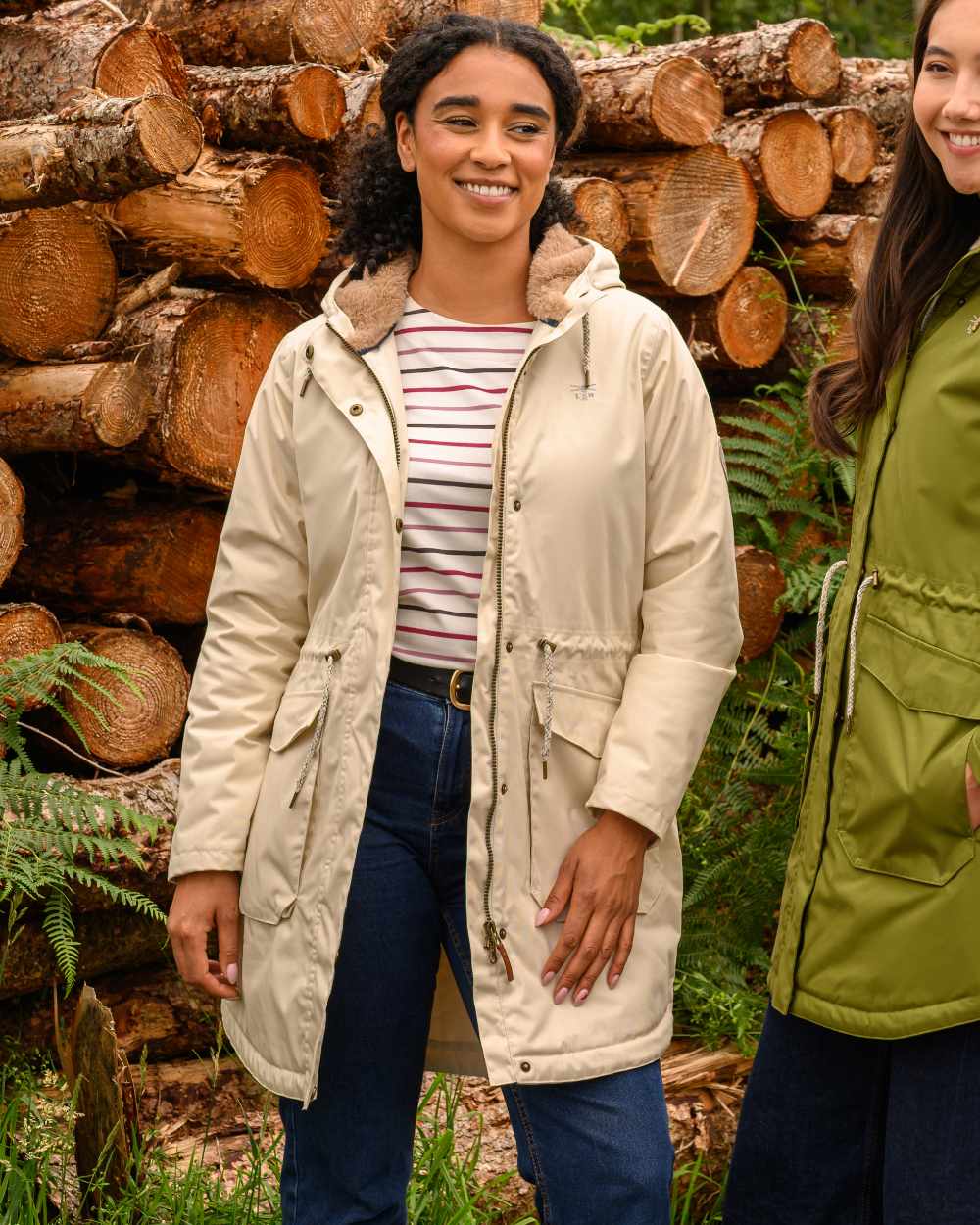 Irish Cream coloured Lighthouse Isobel Ladies Coat on wood background 
