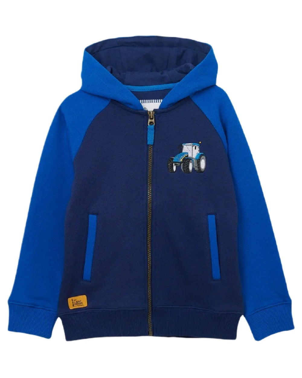 Blue Tractor coloured Lighthouse Jackson Childrens Full Zip Hoodie on white background 