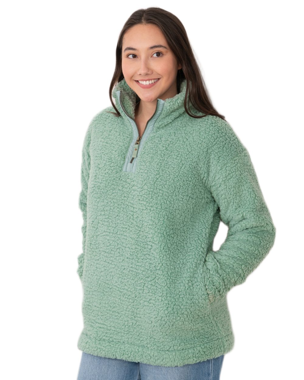 Basil coloured Lighthouse Ladies Bay Sherpa Fleece on white background 