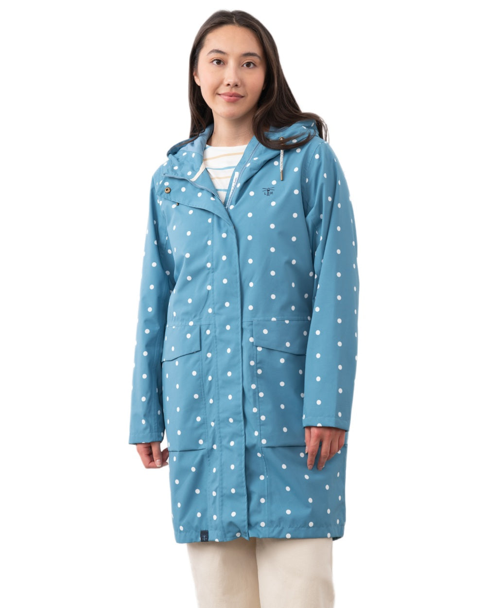 Blue Dot coloured Lighthouse Ladies Beachcomber Long Jacket II on white background 