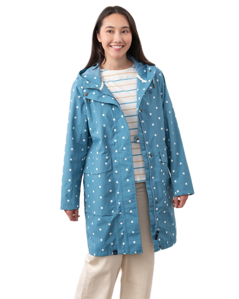 Blue Dot coloured Lighthouse Ladies Beachcomber Long Jacket II on white background 
