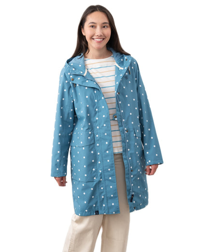 Blue Dot coloured Lighthouse Ladies Beachcomber Long Jacket II on white background 