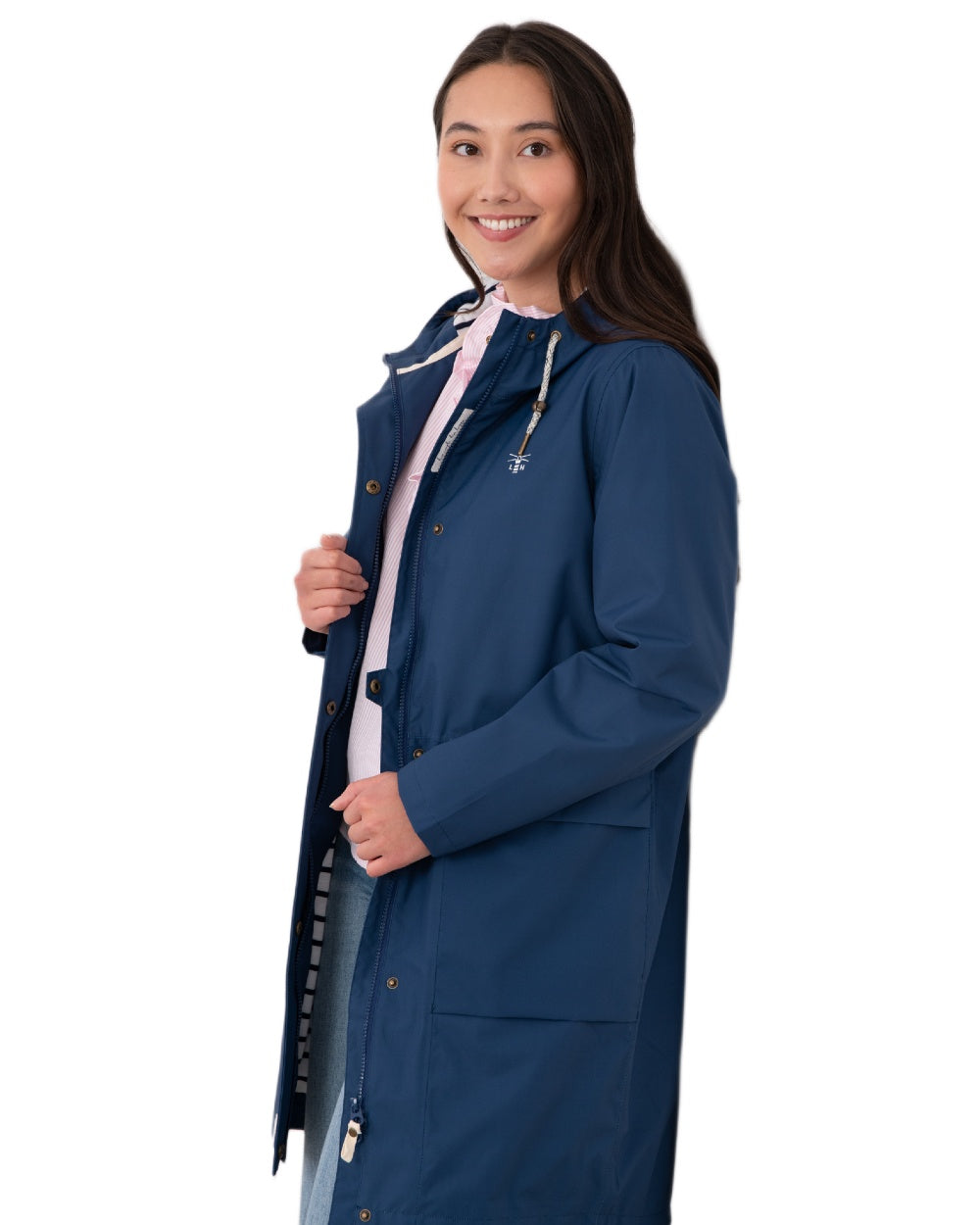 Indigo coloured Lighthouse Ladies Beachcomber Long Jacket II on white background 