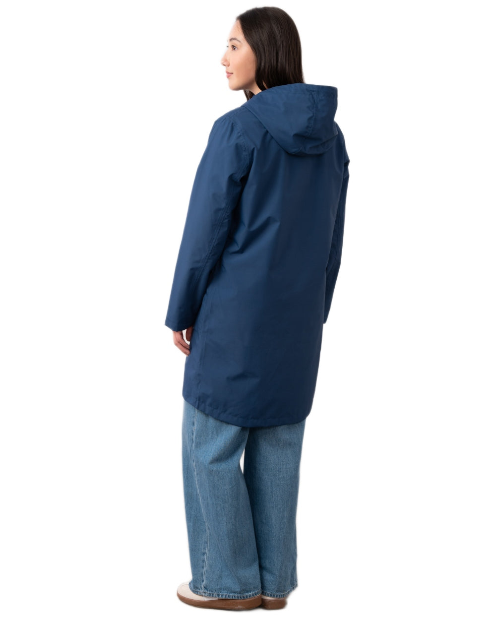 Indigo coloured Lighthouse Ladies Beachcomber Long Jacket II on white background 
