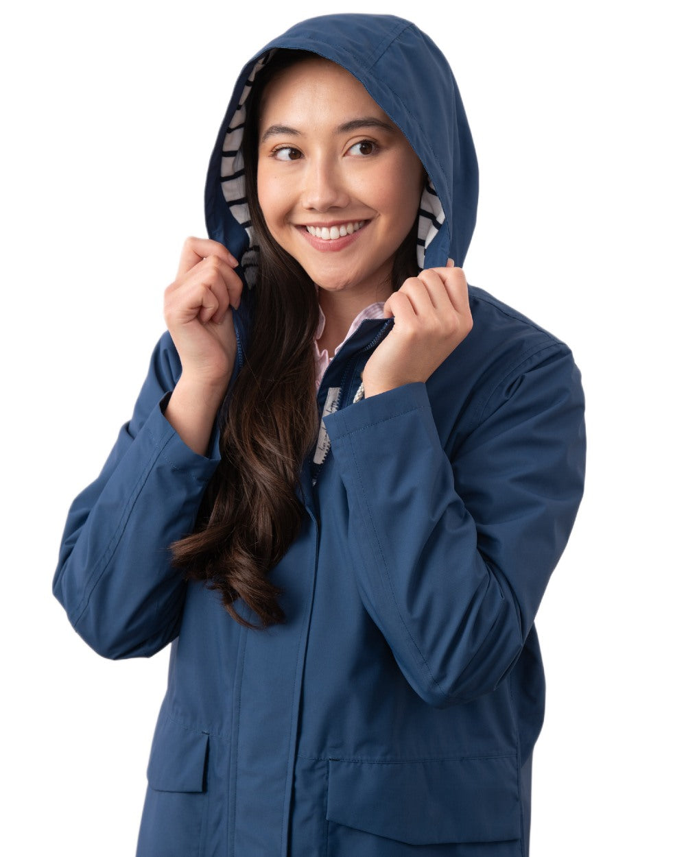 Indigo coloured Lighthouse Ladies Beachcomber Long Jacket II on white background 