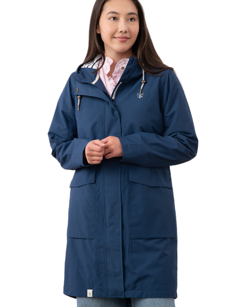 Indigo coloured Lighthouse Ladies Beachcomber Long Jacket II on white background 