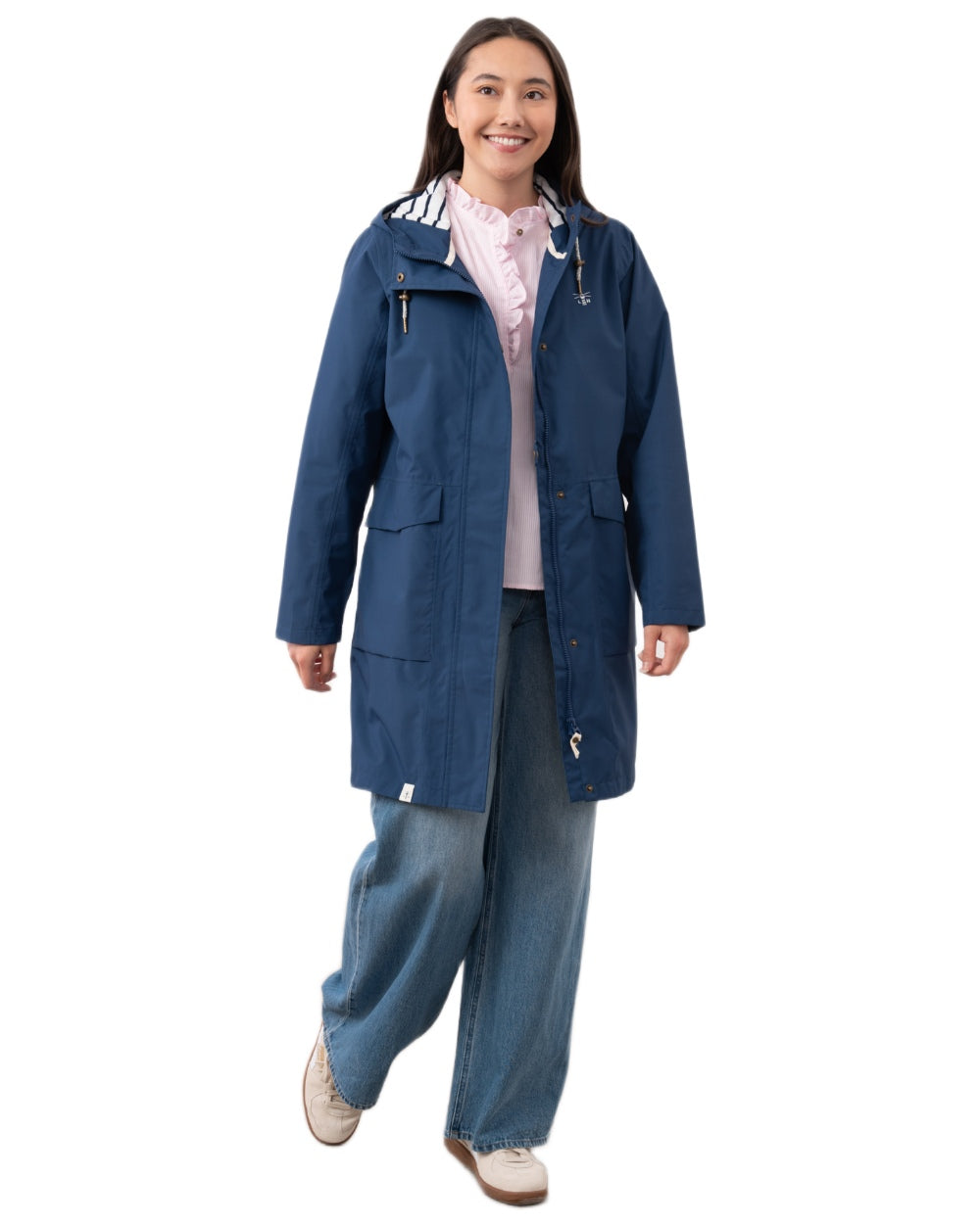 Indigo coloured Lighthouse Ladies Beachcomber Long Jacket II on white background 