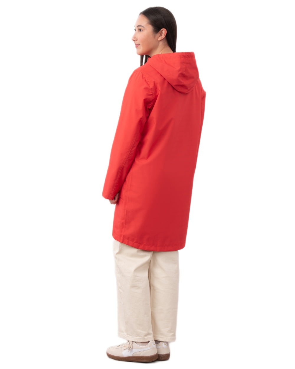 Poppy coloured Lighthouse Ladies Beachcomber Long Jacket II on white background 