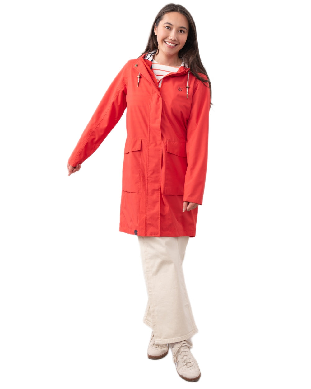 Poppy coloured Lighthouse Ladies Beachcomber Long Jacket II on white background 
