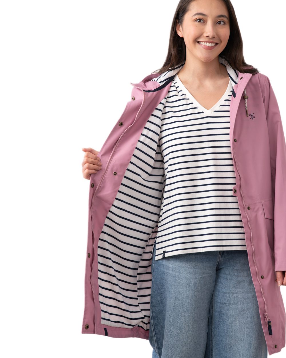 Wild Rose coloured Lighthouse Ladies Beachcomber Long Jacket II on white background 