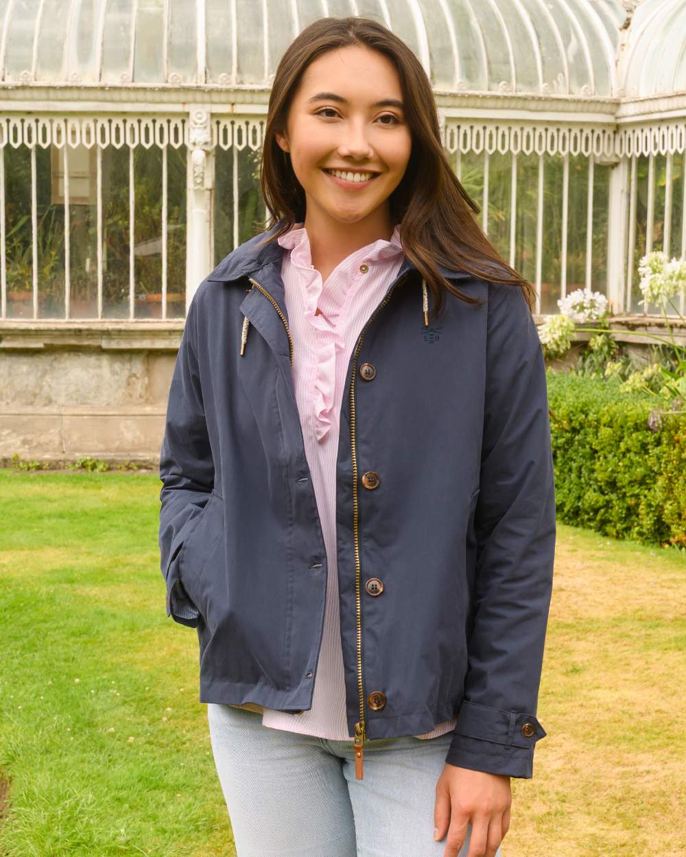 Navy coloured Lighthouse Ladies Blair Coat on outdoor background 