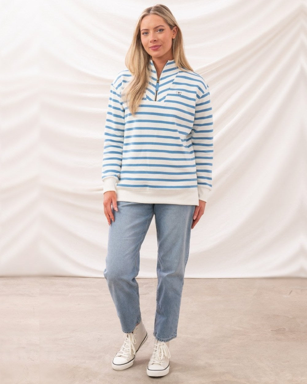 Marine Blue Stripe coloured Lighthouse Ladies Coral Jersey on curtain background 