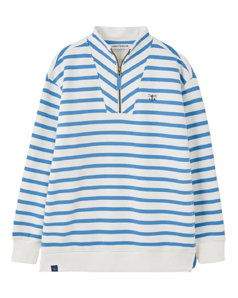 Marine Blue Stripe coloured Lighthouse Ladies Coral Jersey on curtain background 