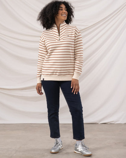 Rust Stripe coloured Lighthouse Ladies Coral Jersey on curtain background 