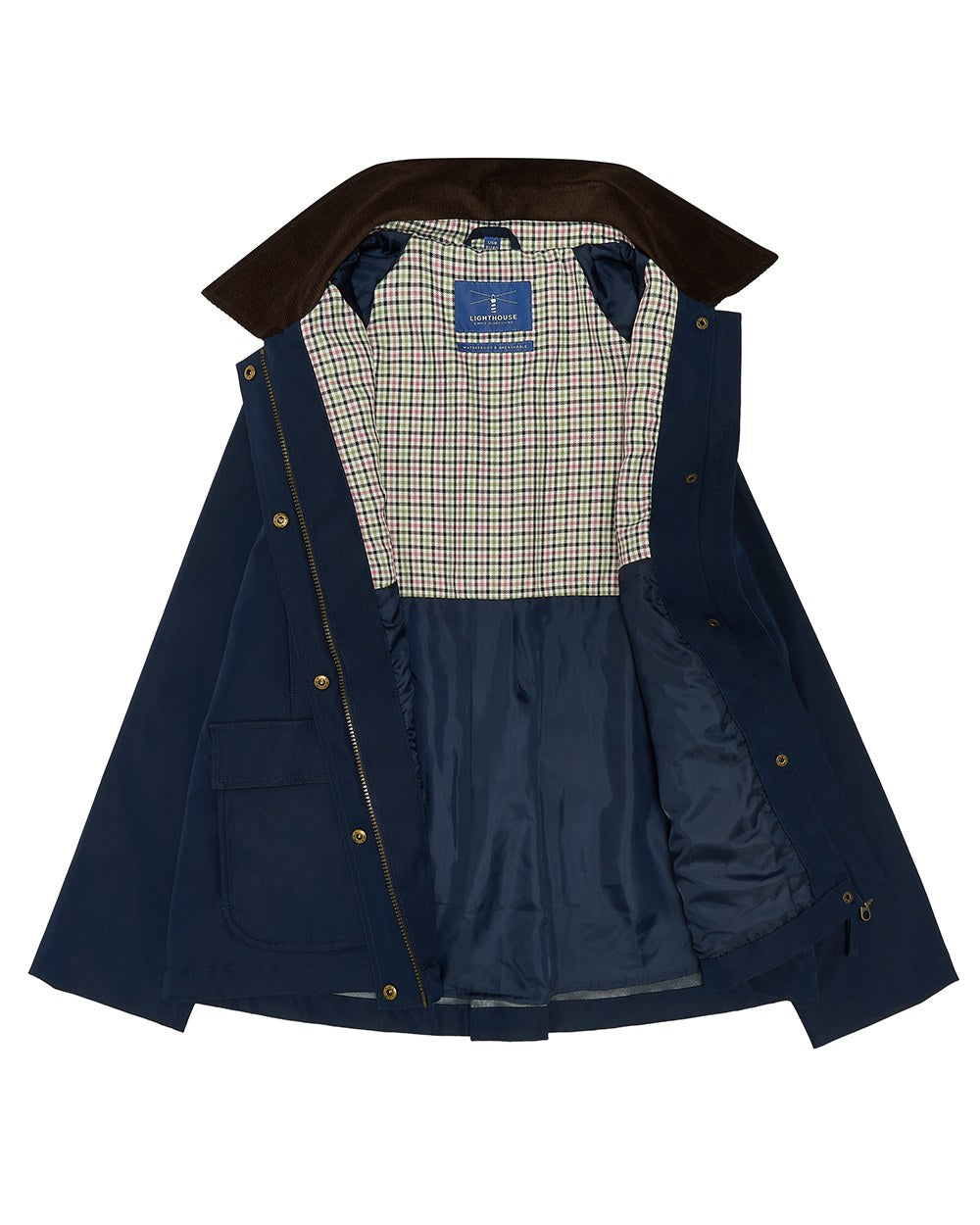 Navy coloured Lighthouse Ladies Devon Raincoat on white background 