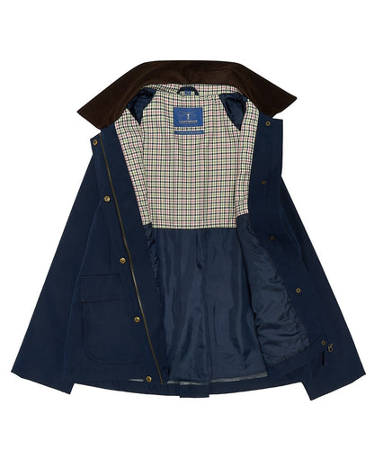 Navy coloured Lighthouse Ladies Devon Raincoat on white background 