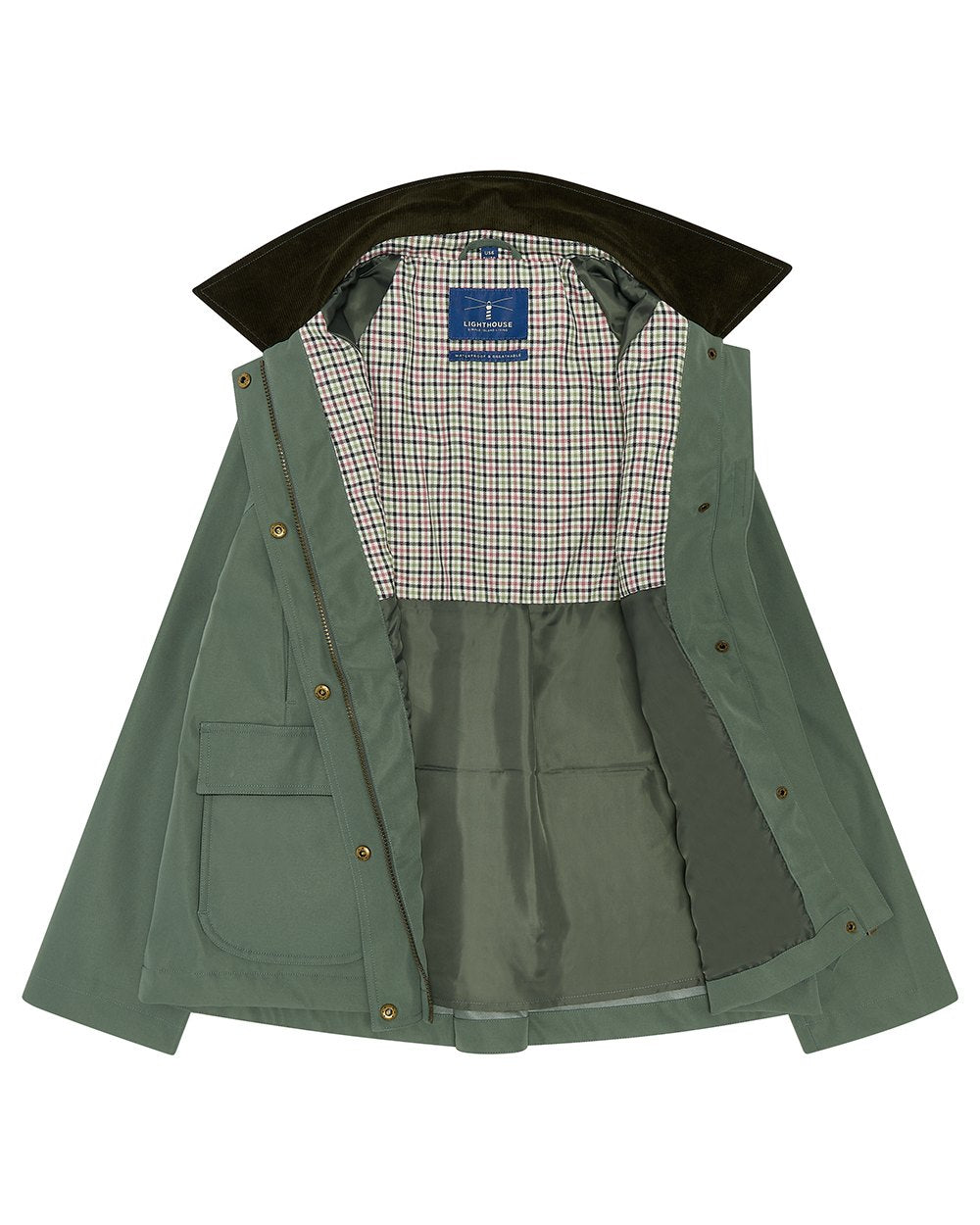 Olivine coloured Lighthouse Ladies Devon Raincoat on white background 
