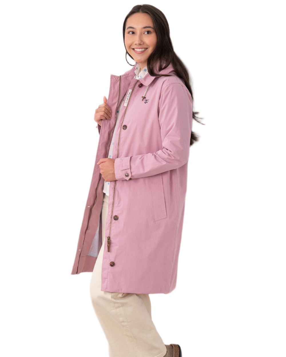 Wild Rose coloured Lighthouse Ladies Hallie Long Coat on white background 