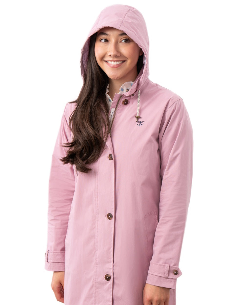 Wild Rose coloured Lighthouse Ladies Hallie Long Coat on white background 