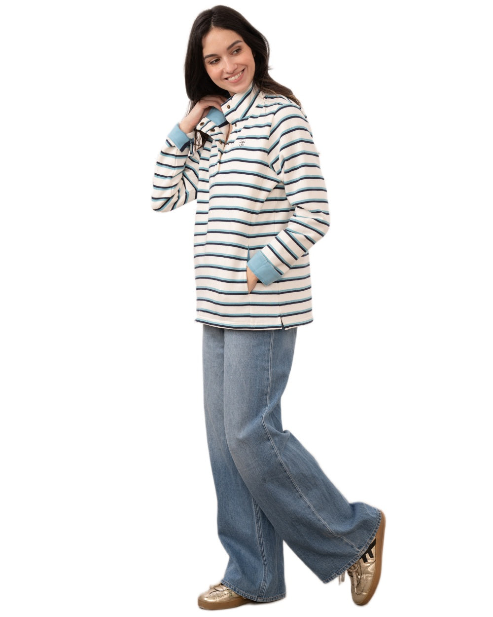 Blue Indigo Stripe coloured Lighthouse Ladies Haven II Jersey on white background 