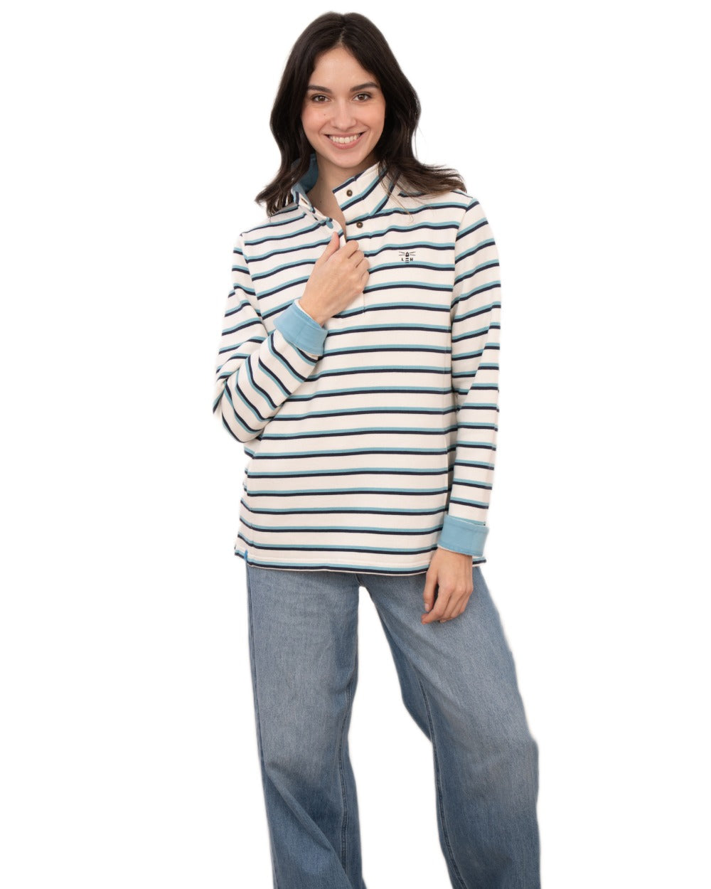 Blue Indigo Stripe coloured Lighthouse Ladies Haven II Jersey on white background 