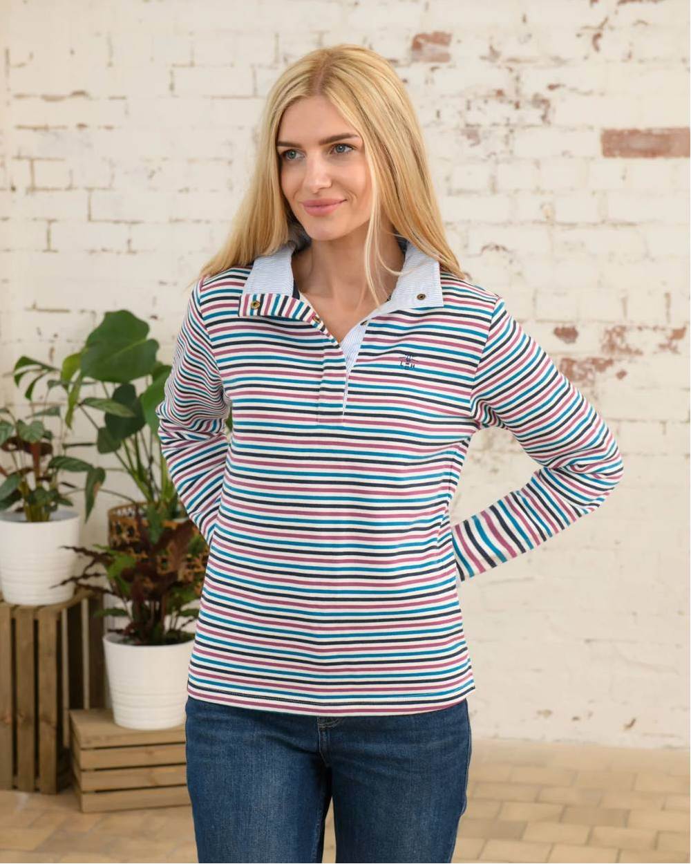 Berry Teal Stripe Coloured Lighthouse Ladies Haven Jersey Clearance on wall background 