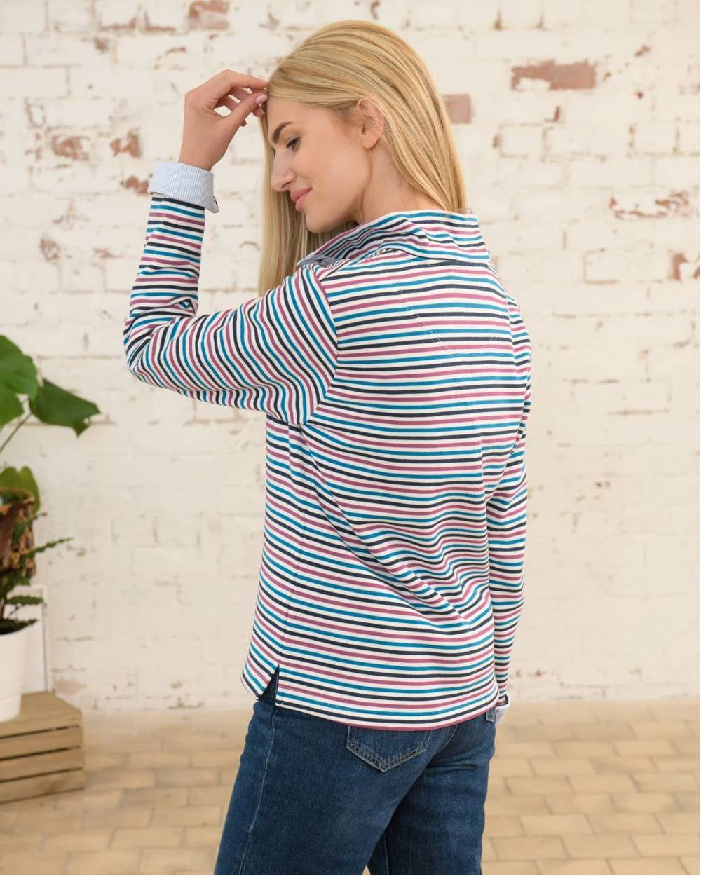 Berry Teal Stripe Coloured Lighthouse Ladies Haven Jersey Clearance on wall background 