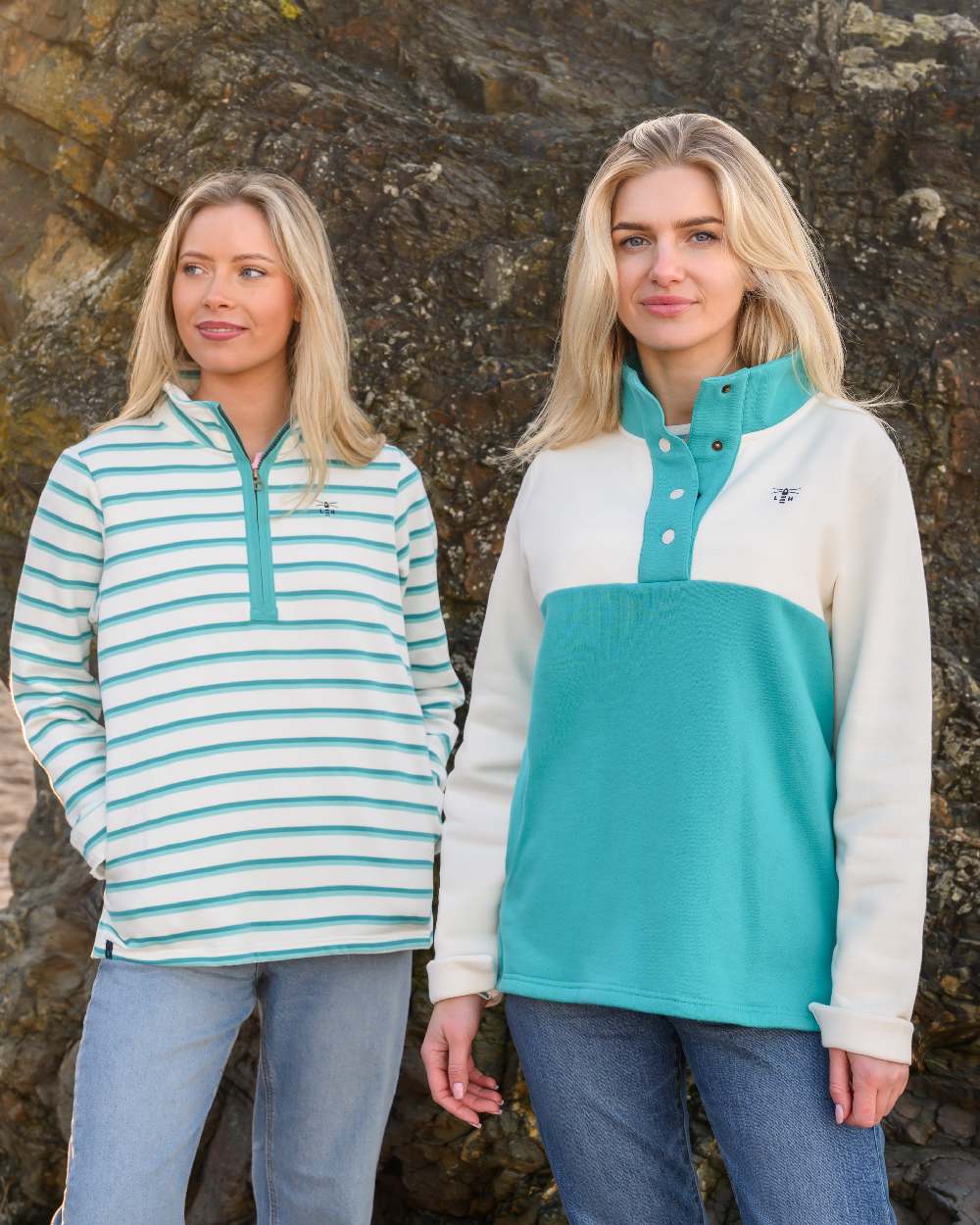 Coconut Soft Teal coloured Lighthouse Ladies Haven Jersey on rock background 