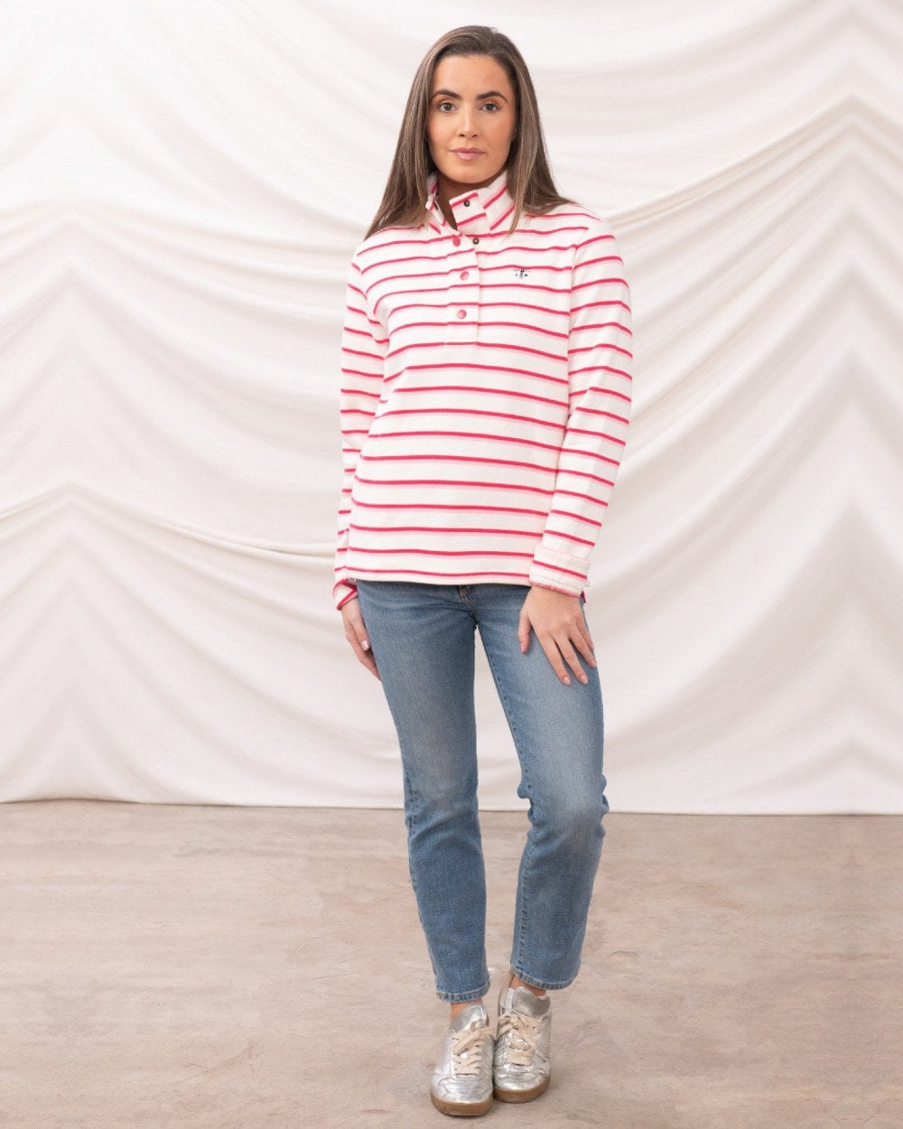 Pink Stripe coloured Lighthouse Ladies Haven Jersey on curtain background 