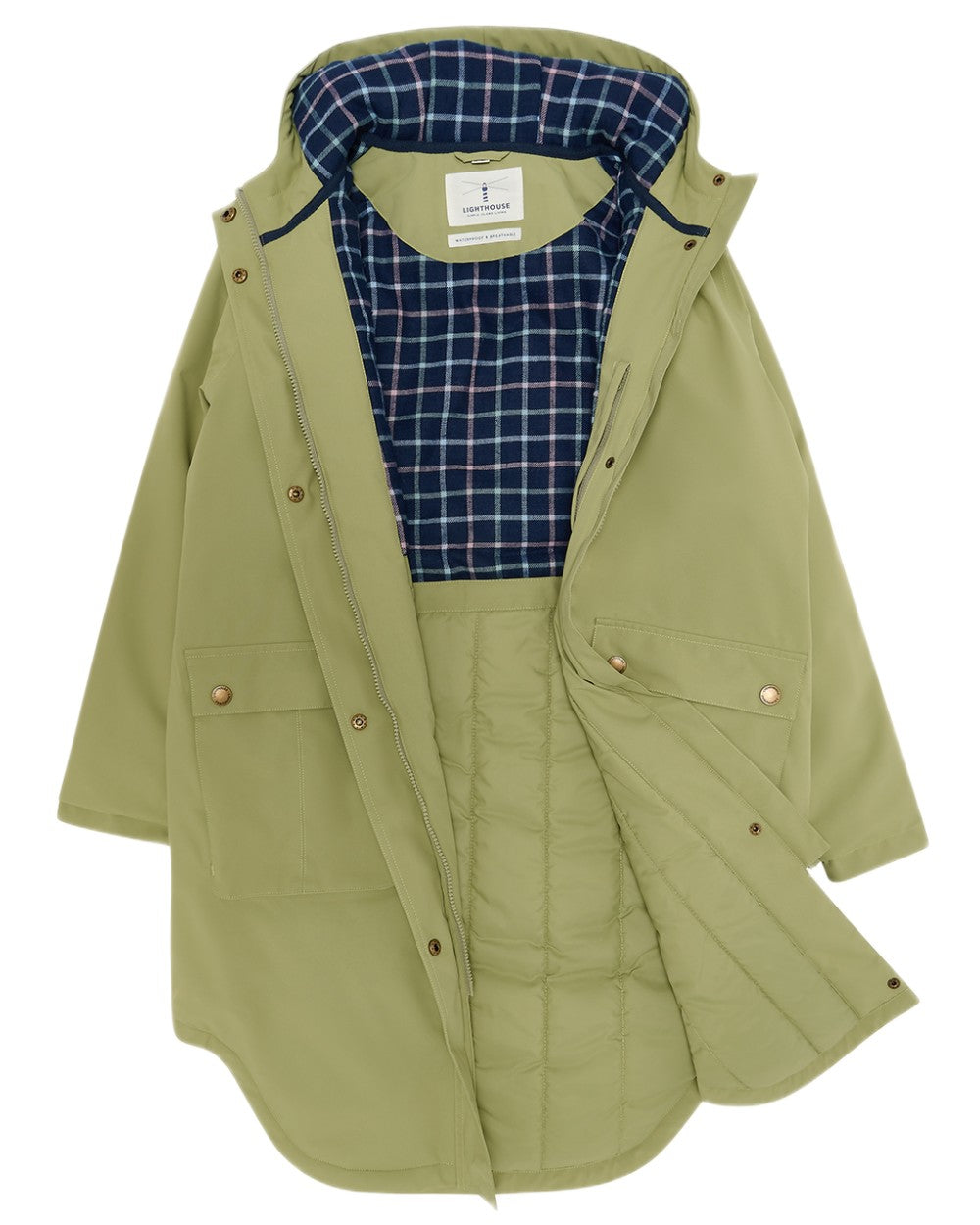 Moss coloured Lighthouse Ladies Imogen Coat on white background 