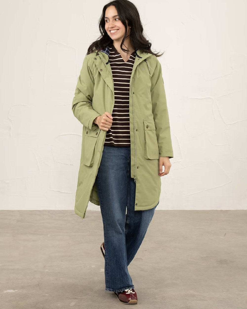 Moss coloured Lighthouse Ladies Imogen Coat on studio background 