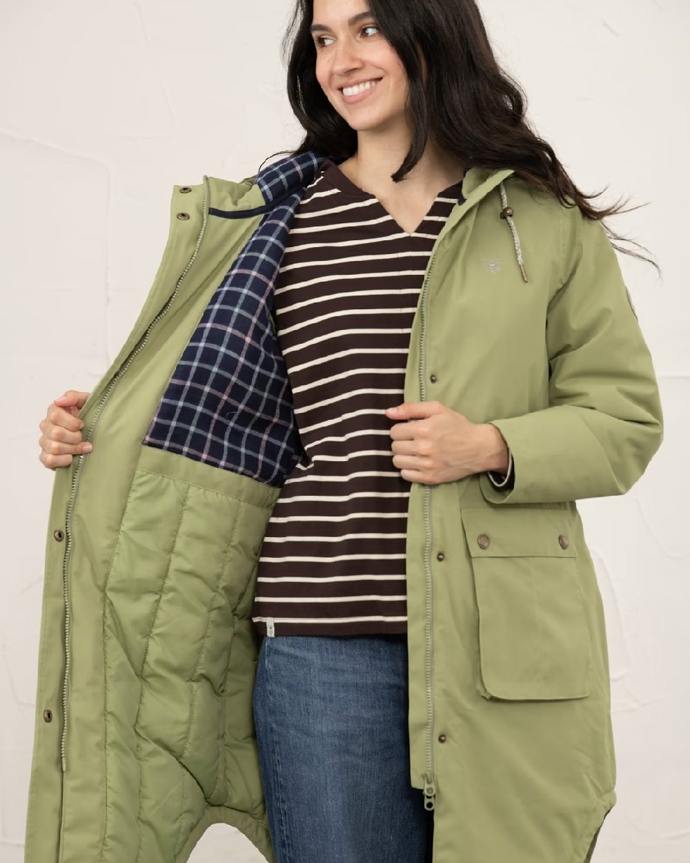 Moss coloured Lighthouse Ladies Imogen Coat on studio background 