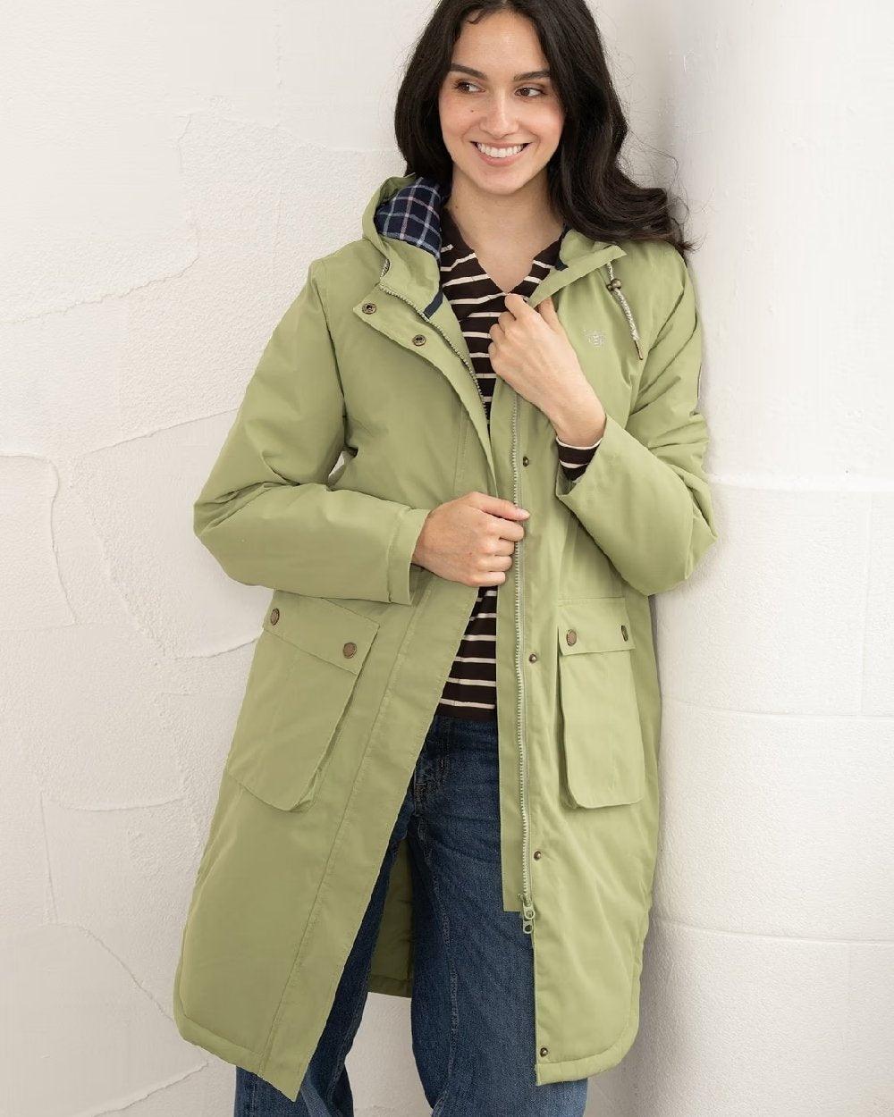 Moss coloured Lighthouse Ladies Imogen Coat on studio background 