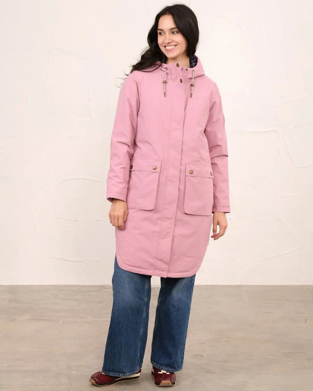 Wild Rose coloured Lighthouse Ladies Imogen Coat on studio background 