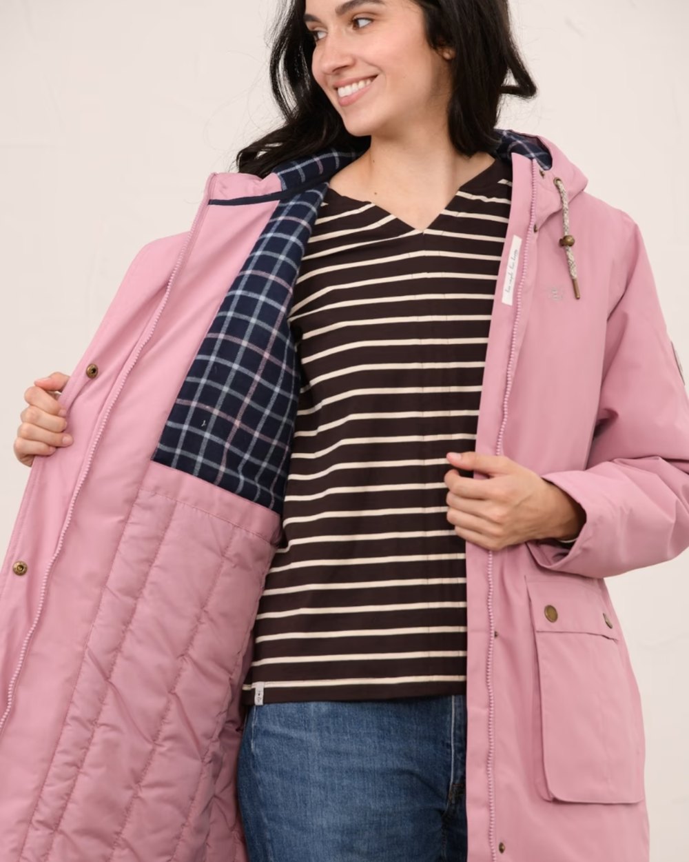 Wild Rose coloured Lighthouse Ladies Imogen Coat on studio background 
