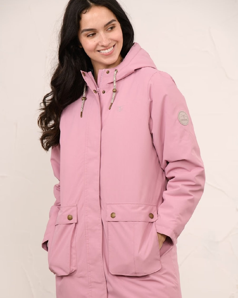 Wild Rose coloured Lighthouse Ladies Imogen Coat on studio background 